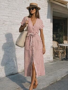 Striped V-Neck Button-Front Midi Dress in Rose Stripe